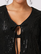 Women's Black Party Embellished Tie-Up Crop Shrug