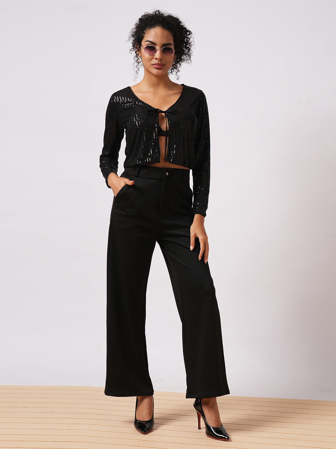 Women's Black Party Embellished Tie-Up Crop Shrug