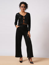 Women's Black Party Embellished Tie-Up Crop Shrug