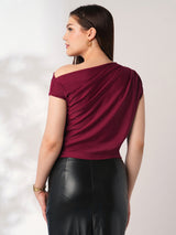 Women's Maroon One Shoulder Extended Sleeve Party Top