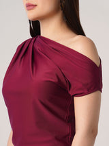 Women's Maroon One Shoulder Extended Sleeve Party Top