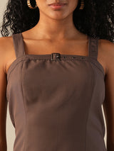 Women's Buckle Detail Square Neck Strappy Shoulder Korean Midi Sheath Party Dress