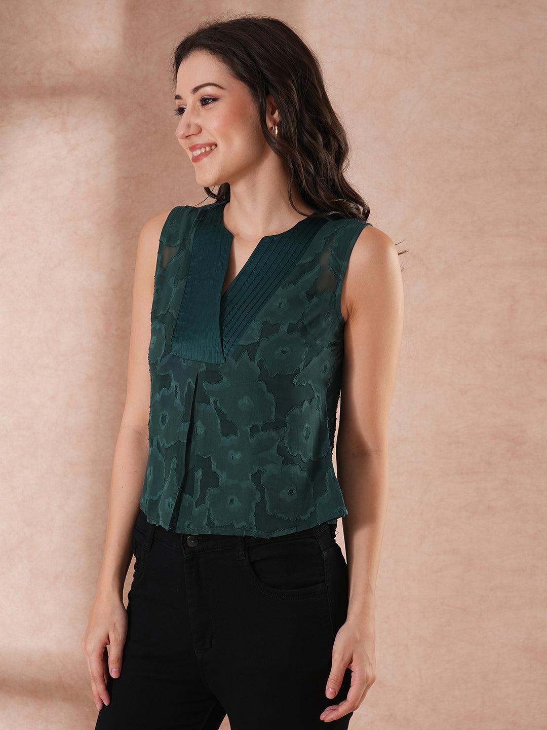 Women's Green Floral Self-Design Party Top