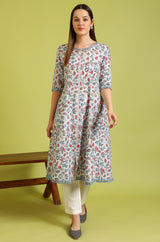 Women's Light Blue Floral Printed Flared Cotton Kurta and Trouser