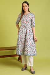 Women's Light Blue Floral Printed Flared Cotton Kurta and Trouser
