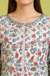 Women's Light Blue Floral Printed Flared Cotton Kurta and Trouser