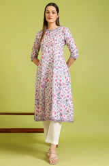 Women's Pink Floral Printed Flared Cotton Kurta And Trouser