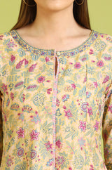 Women's Yellow Floral Printed Flared Cotton Kurta With Straight Pants