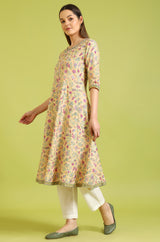 Women's Yellow Floral Printed Flared Cotton Kurta With Straight Pants