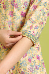 Women's Yellow Floral Printed Flared Cotton Kurta With Straight Pants