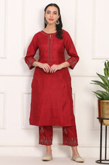 Women's Red Embroidered Mukaish Straight Karnataka Silk Kurta and Trouser