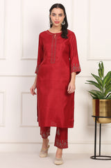 Women's Red Embroidered Mukaish Straight Karnataka Silk Kurta and Trouser