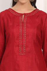 Women's Red Embroidered Mukaish Straight Karnataka Silk Kurta and Trouser