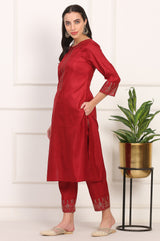 Women's Red Embroidered Mukaish Straight Karnataka Silk Kurta and Trouser