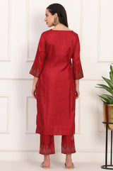 Women's Red Embroidered Mukaish Straight Karnataka Silk Kurta and Trouser
