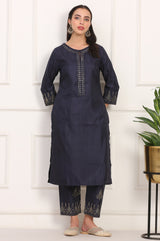 Women's Navy Blue Embroidered Mukaish Straight Karnataka Silk Kurta and Straight Pants