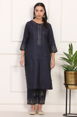 Women's Navy Blue Embroidered Mukaish Straight Karnataka Silk Kurta and Straight Pants