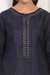 Women's Navy Blue Embroidered Mukaish Straight Karnataka Silk Kurta and Straight Pants