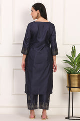 Women's Navy Blue Embroidered Mukaish Straight Karnataka Silk Kurta and Straight Pants