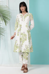 Women's White Floral Floral Printed Flared Cotton Kurta With Trouser