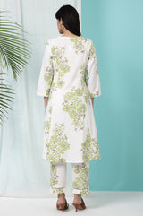 Women's White Floral Floral Printed Flared Cotton Kurta With Trouser