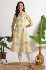 Women's Yellow Floral Printed Straight Pure Cotton Kurta and Leggings