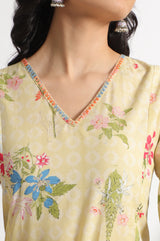 Women's Yellow Floral Printed Straight Pure Cotton Kurta and Leggings
