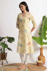 Women's Yellow Floral Printed Straight Pure Cotton Kurta and Leggings
