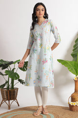 Women's Light Blue Floral Printed Straight Pure Cotton Kurta and Leggings