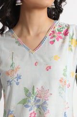 Women's Light Blue Floral Printed Straight Pure Cotton Kurta and Leggings