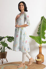 Women's Light Blue Floral Printed Straight Pure Cotton Kurta and Leggings