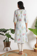 Women's Light Blue Floral Printed Straight Pure Cotton Kurta and Leggings