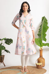 Women's Light Pink Floral Printed Straight Pure Cotton Kurta and Leggings