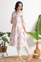 Women's Light Pink Floral Printed Straight Pure Cotton Kurta and Leggings