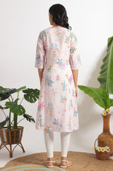 Women's Light Pink Floral Printed Straight Pure Cotton Kurta and Leggings