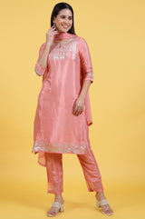 Women's Pink Geometric Foil Printed Straight Shantung Kurta With Trouser And Dupatta