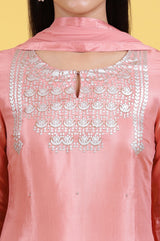 Women's Pink Geometric Foil Printed Straight Shantung Kurta With Trouser And Dupatta