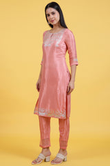 Women's Pink Geometric Foil Printed Straight Shantung Kurta With Trouser And Dupatta