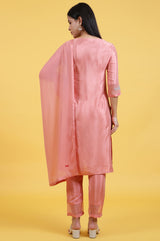 Women's Pink Geometric Foil Printed Straight Shantung Kurta With Trouser And Dupatta