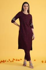 Women's Purple Embroidered Straight Kurta and Straight Pants Set