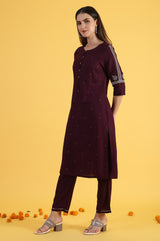 Women's Purple Embroidered Straight Kurta and Straight Pants Set