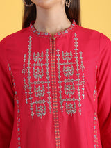 Women's Dark Pink Geometric Embroidered Straight Kurta And Straight Pants Set
