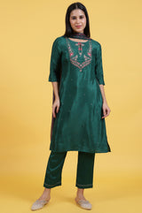 Women's Dark Green Floral Embroidered Straight Woven Kurta With Trouser And Dupatta