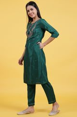 Women's Dark Green Floral Embroidered Straight Woven Kurta With Trouser And Dupatta