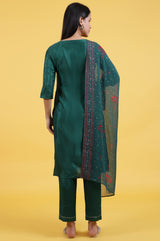 Women's Dark Green Floral Embroidered Straight Woven Kurta With Trouser And Dupatta