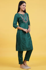 Women's Dark Green Floral Embroidered Straight Woven Kurta With Trouser And Dupatta