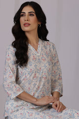 Women's Off White Floral Printed Straight Cotton Kurta and Trouser