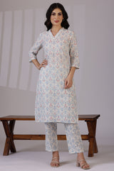 Women's Off White Floral Printed Straight Cotton Kurta and Trouser