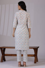 Women's Off White Floral Printed Straight Cotton Kurta and Trouser