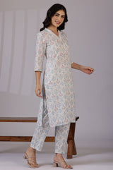Women's Off White Floral Printed Straight Cotton Kurta and Trouser